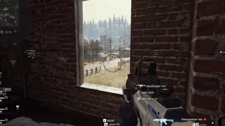 MW4 cheats overlay with loot and ammo ESP labels through walls, enemy skeleton boxes and a centered aimbot reticle while aiming down sights