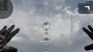 MW4 ESP during Warzone skydive showing enemy tags with HP, shield plates, distance readouts and an aimbot FOV ring in the drop phase