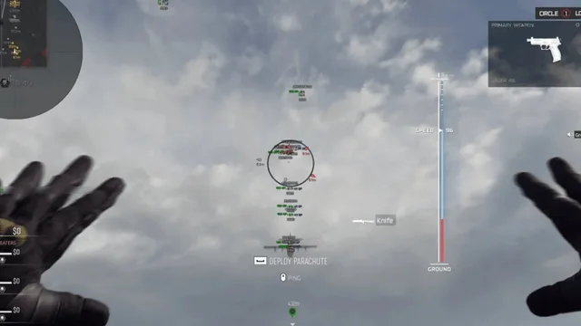 MW4 ESP during Warzone skydive showing enemy tags with HP, shield plates, distance readouts and an aimbot FOV ring in the drop phase