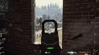 Call of Duty MW4 wallhack ESP through a brick window showing enemy player boxes, health, distance tags and an aimbot FOV circle on a Peacekeeper Mk1 sight